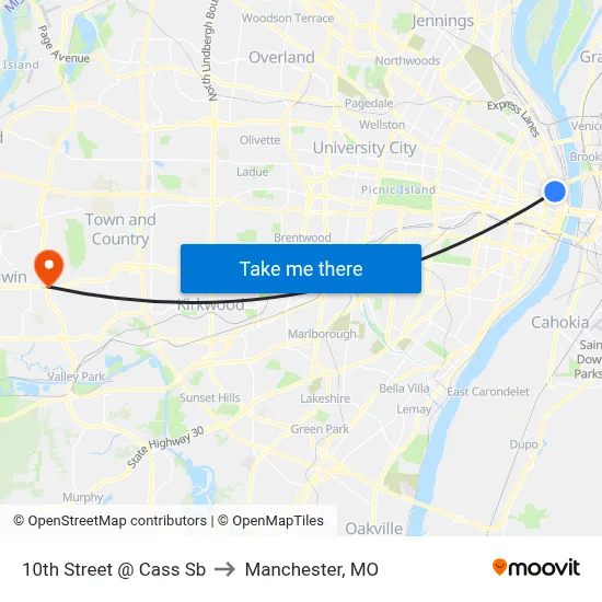 10th Street @ Cass Sb to Manchester, MO map