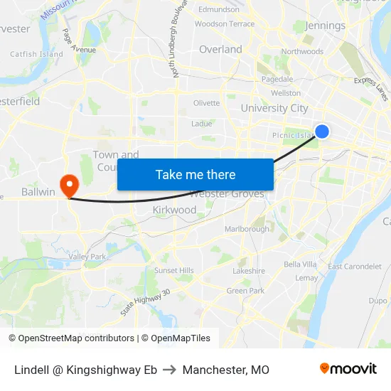 Lindell @ Kingshighway Eb to Manchester, MO map