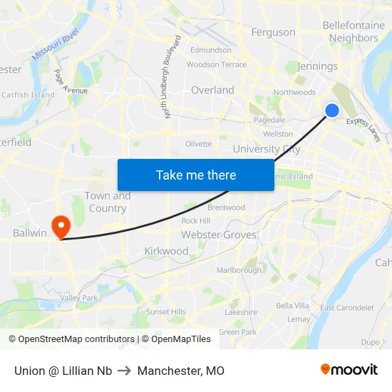 Union @ Lillian Nb to Manchester, MO map