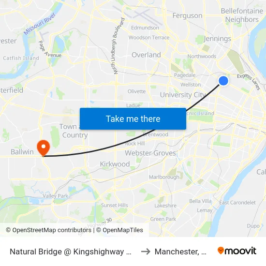 Natural Bridge @ Kingshighway Wb to Manchester, MO map