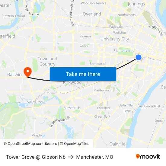 Tower Grove @ Gibson Nb to Manchester, MO map