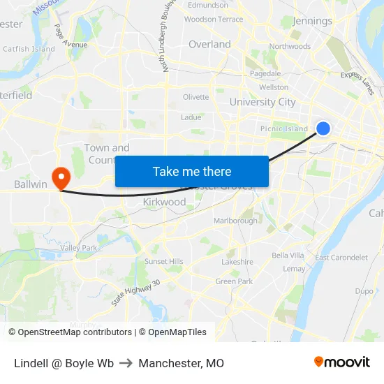 Lindell @ Boyle Wb to Manchester, MO map