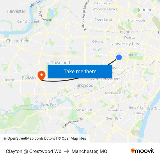 Clayton @ Crestwood Wb to Manchester, MO map