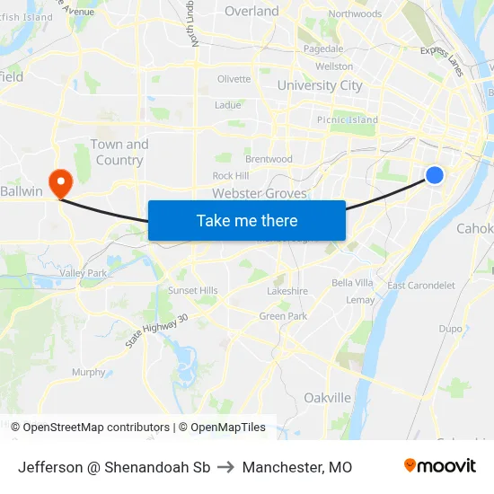 Jefferson @ Shenandoah Sb to Manchester, MO map
