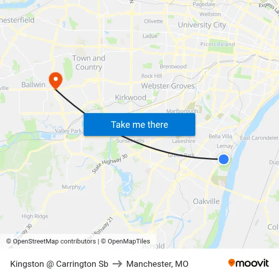 Kingston @ Carrington Sb to Manchester, MO map