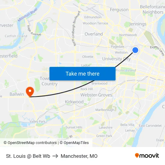 St. Louis @ Belt Wb to Manchester, MO map