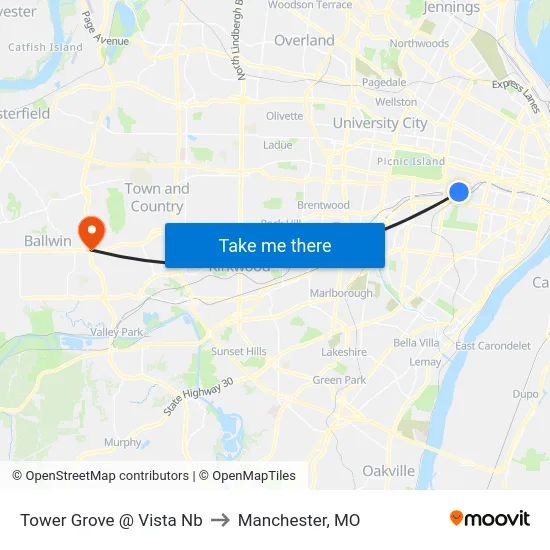 Tower Grove @ Vista Nb to Manchester, MO map