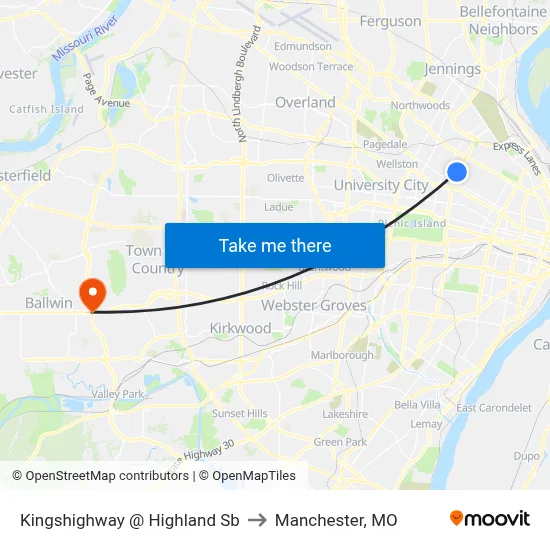Kingshighway @ Highland Sb to Manchester, MO map