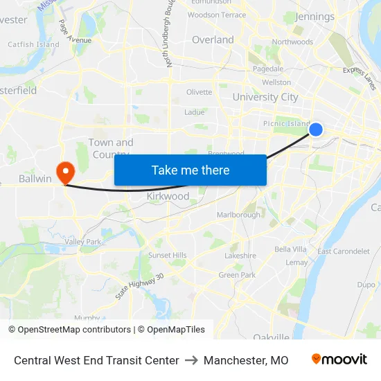 Central West End Transit Center to Manchester, MO map