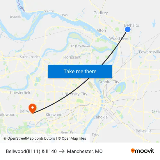 Bellwood(Il111) & Il140 to Manchester, MO map