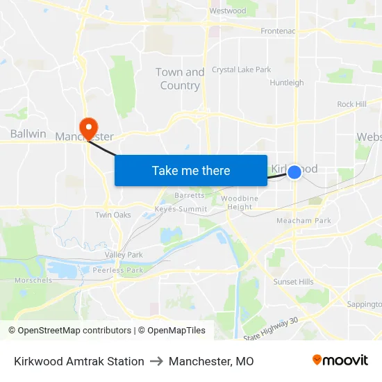 Kirkwood Amtrak Station to Manchester, MO map