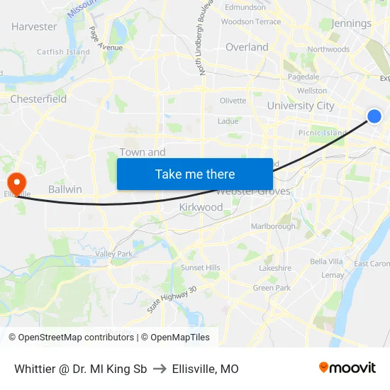 Whittier @ Dr. Ml King Sb to Ellisville, MO map