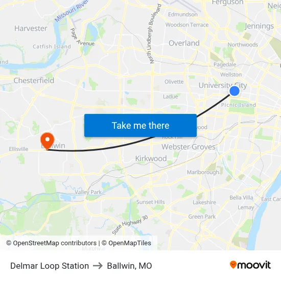 Delmar Loop Station to Ballwin, MO map