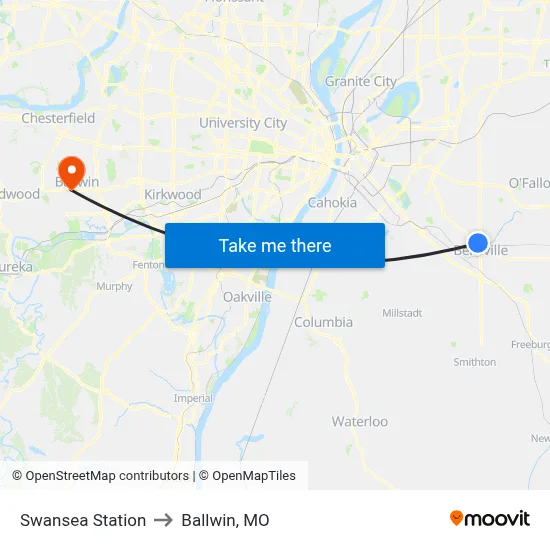 Swansea Station to Ballwin, MO map
