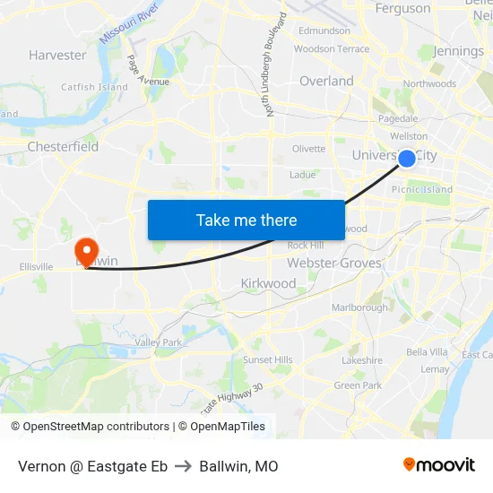 Vernon @ Eastgate Eb to Ballwin, MO map