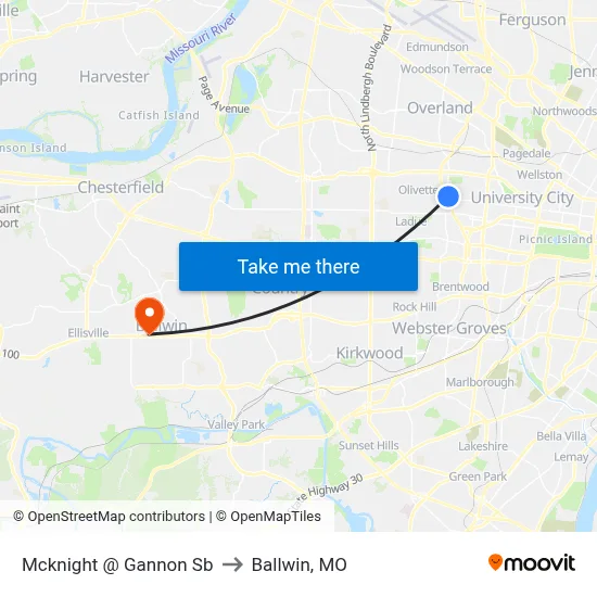 Mcknight @ Gannon Sb to Ballwin, MO map