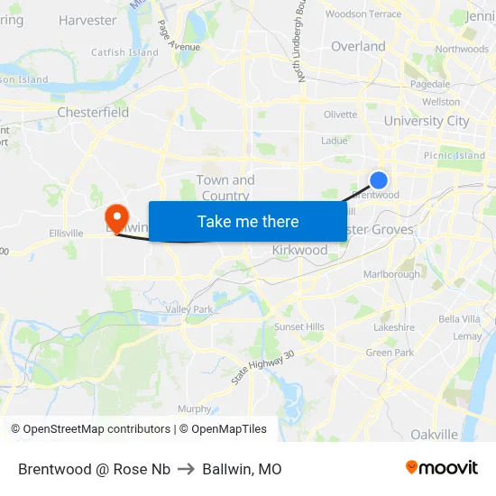Brentwood @ Rose Nb to Ballwin, MO map