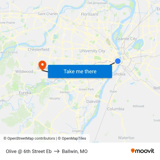 Olive @ 6th Street Eb to Ballwin, MO map