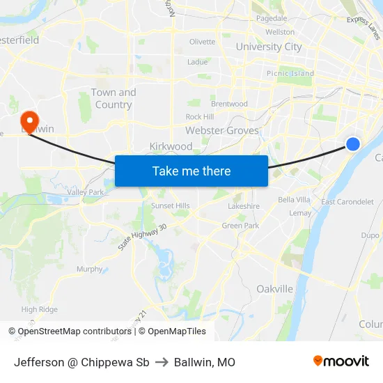 Jefferson @ Chippewa Sb to Ballwin, MO map