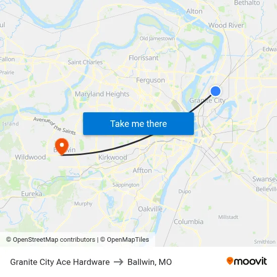 Granite City Ace Hardware to Ballwin, MO map