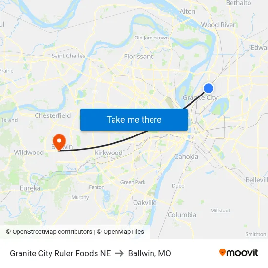 Granite City Ruler Foods NE to Ballwin, MO map