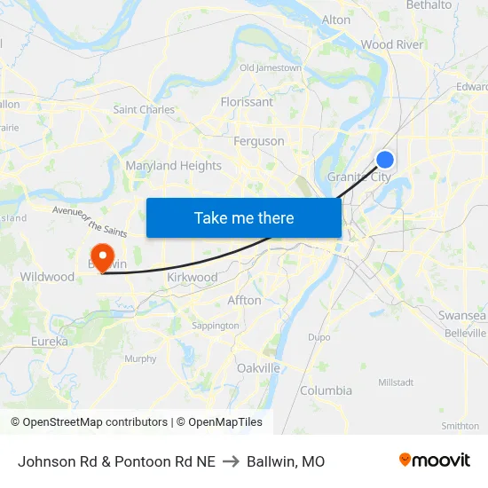 Johnson Rd & Pontoon Rd NE to Ballwin, MO map