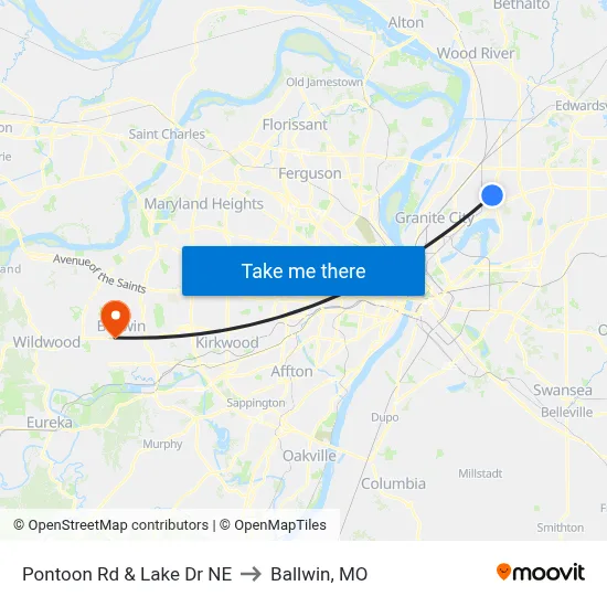 Pontoon Rd & Lake Dr NE to Ballwin, MO map