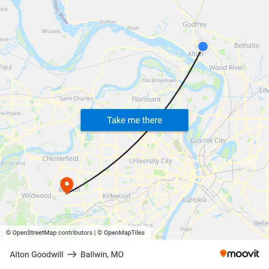 Alton Goodwill to Ballwin, MO map