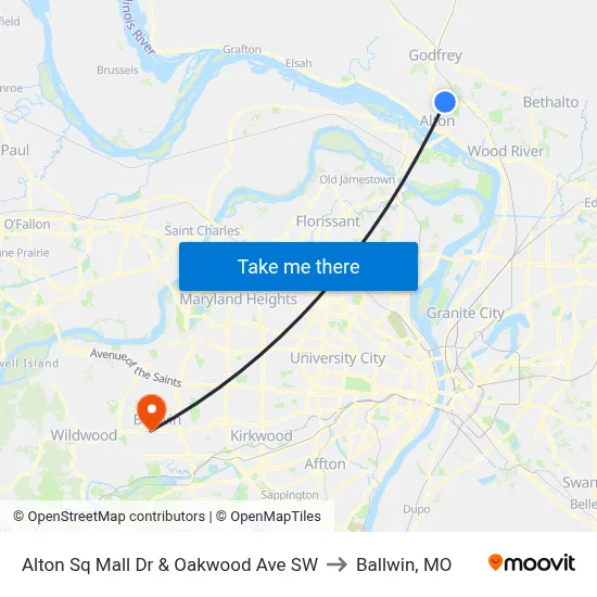 Alton Sq Mall Dr & Oakwood Ave SW to Ballwin, MO map