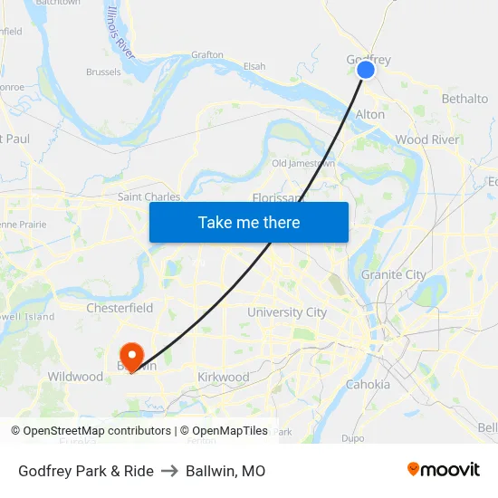 Godfrey Park & Ride to Ballwin, MO map