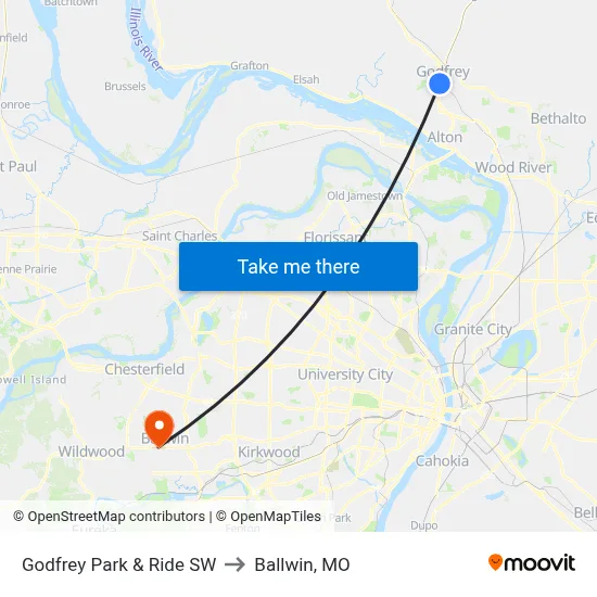 Godfrey Park & Ride SW to Ballwin, MO map