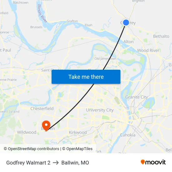 Godfrey Walmart 2 to Ballwin, MO map