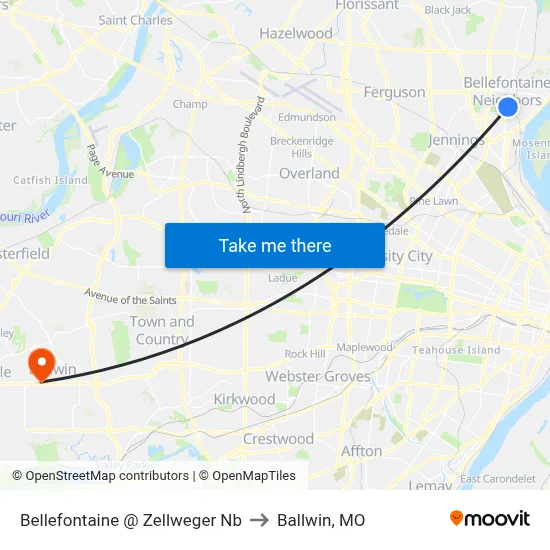 Bellefontaine @ Zellweger Nb to Ballwin, MO map