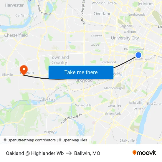 Oakland @ Highlander Wb to Ballwin, MO map