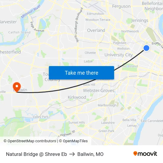 Natural Bridge @ Shreve Eb to Ballwin, MO map