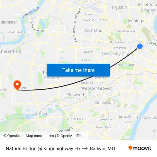 Natural Bridge @ Kingshighway Eb to Ballwin, MO map
