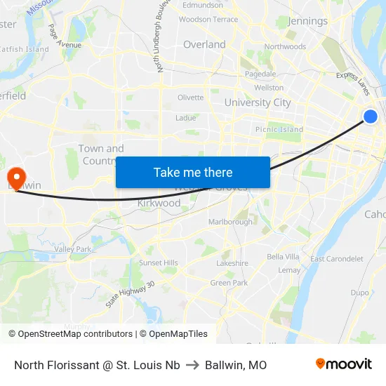 North Florissant @ St. Louis Nb to Ballwin, MO map