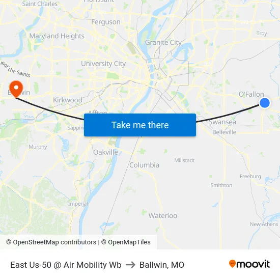 East Us-50 @ Air Mobility Wb to Ballwin, MO map