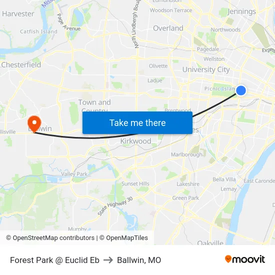 Forest Park @ Euclid Eb to Ballwin, MO map