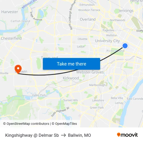Kingshighway @ Delmar Sb to Ballwin, MO map