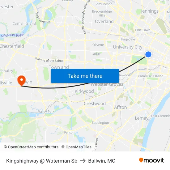 Kingshighway @ Waterman Sb to Ballwin, MO map