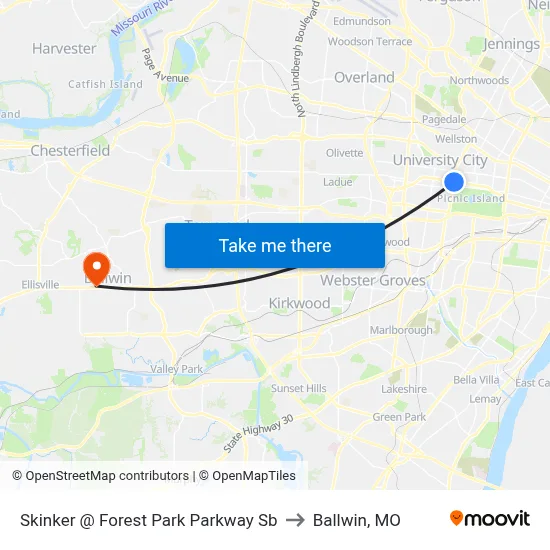 Skinker @ Forest Park Parkway Sb to Ballwin, MO map