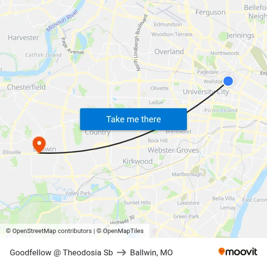 Goodfellow @ Theodosia Sb to Ballwin, MO map