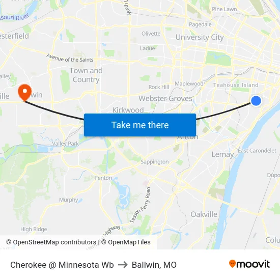 Cherokee @ Minnesota Wb to Ballwin, MO map