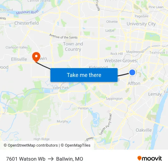 7601 Watson Wb to Ballwin, MO map