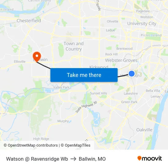 Watson @ Ravensridge Wb to Ballwin, MO map
