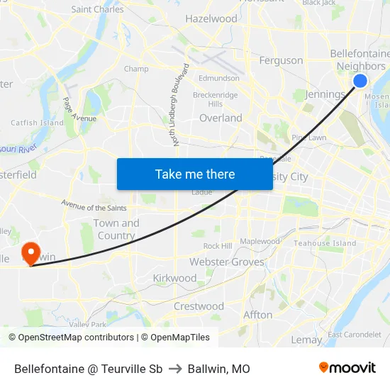 Bellefontaine @ Teurville Sb to Ballwin, MO map