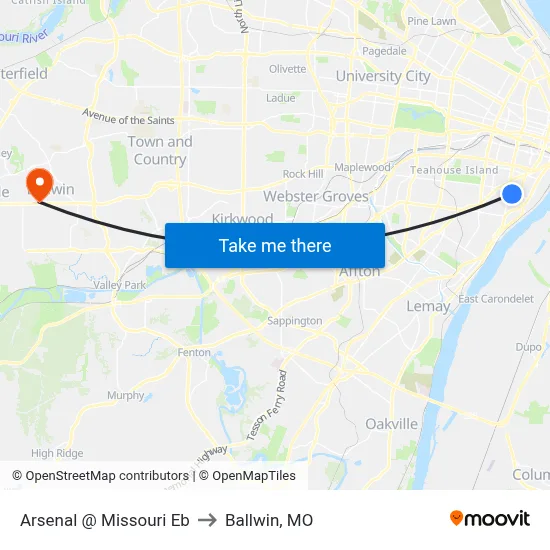 Arsenal @ Missouri Eb to Ballwin, MO map