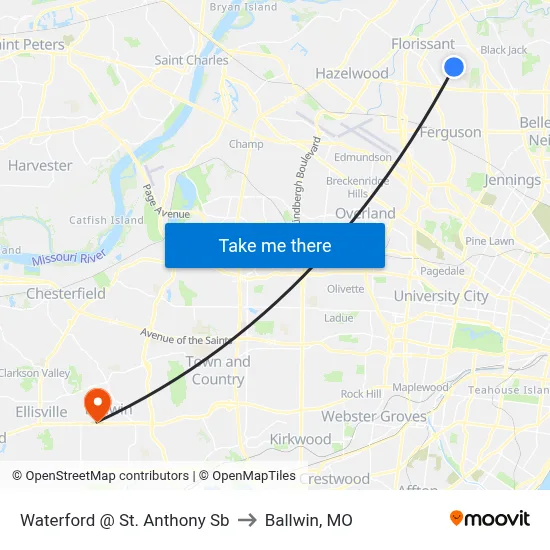 Waterford @ St. Anthony Sb to Ballwin, MO map