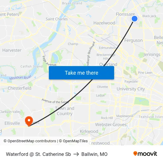 Waterford @ St. Catherine Sb to Ballwin, MO map